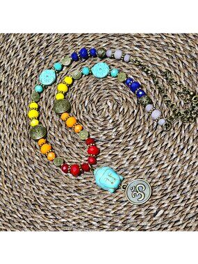 Artisan Necklace Buddha Om Aum Symbol Chakras Rainbow Colors Antique Gold Beads